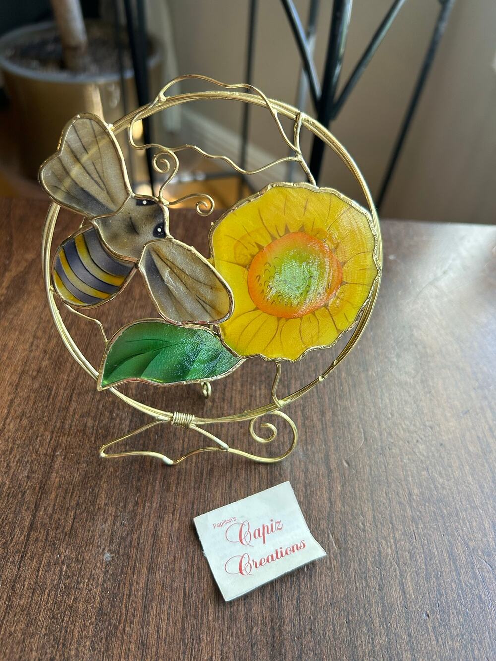 New Vintage bee & sunflower Capiz shell suncatcher brass frame decorative